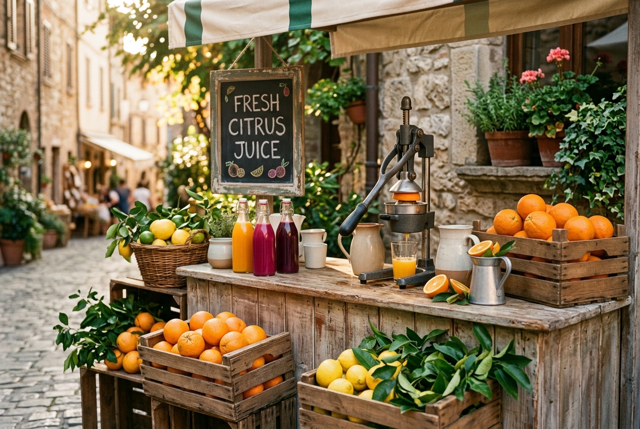 A vintage corner juice stand