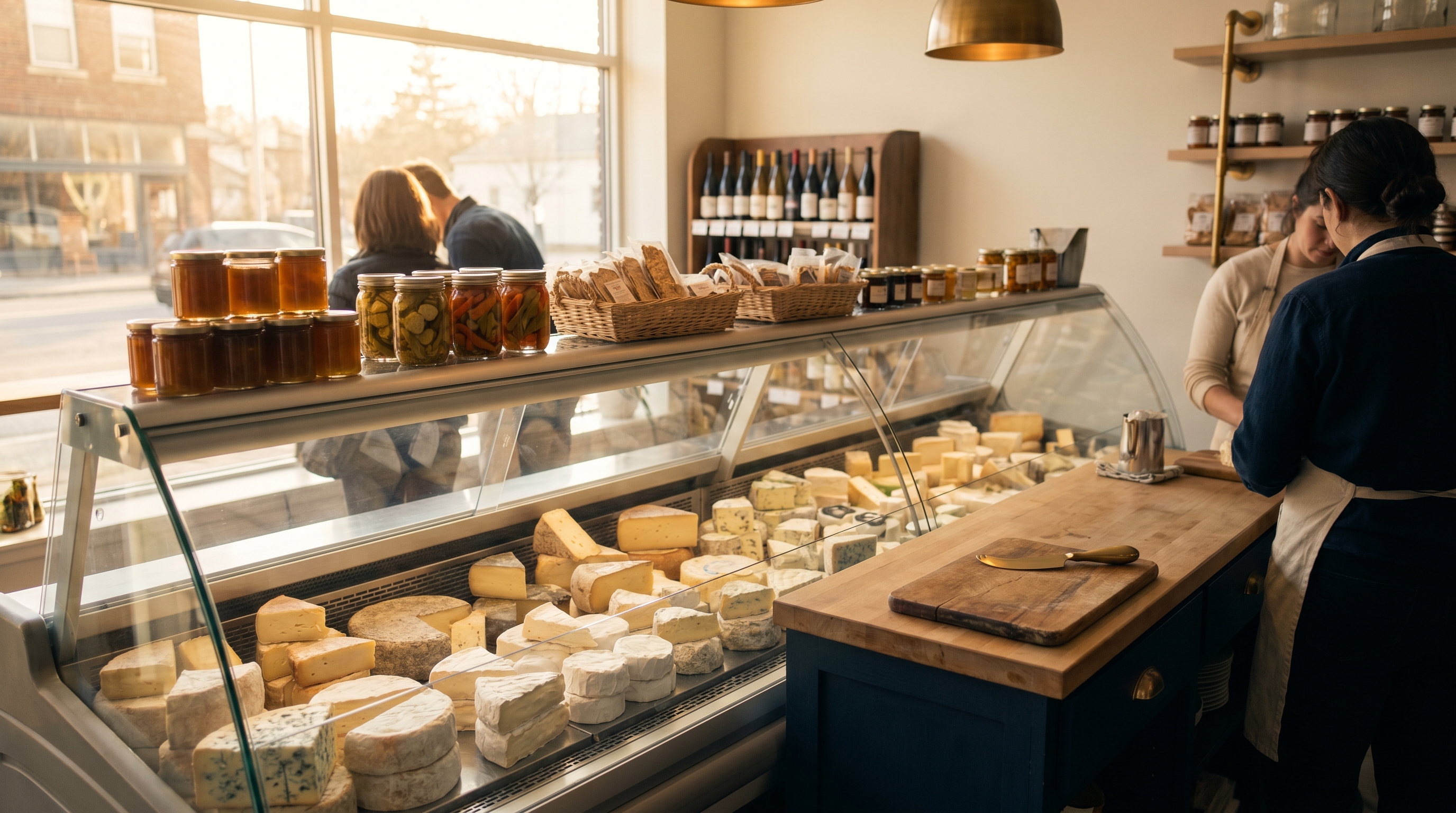Artisan cheese shop interior with a glass cold case of varied wedges and wheels, a wooden tasting counter with a curved cheese knife, and jars of preserves.