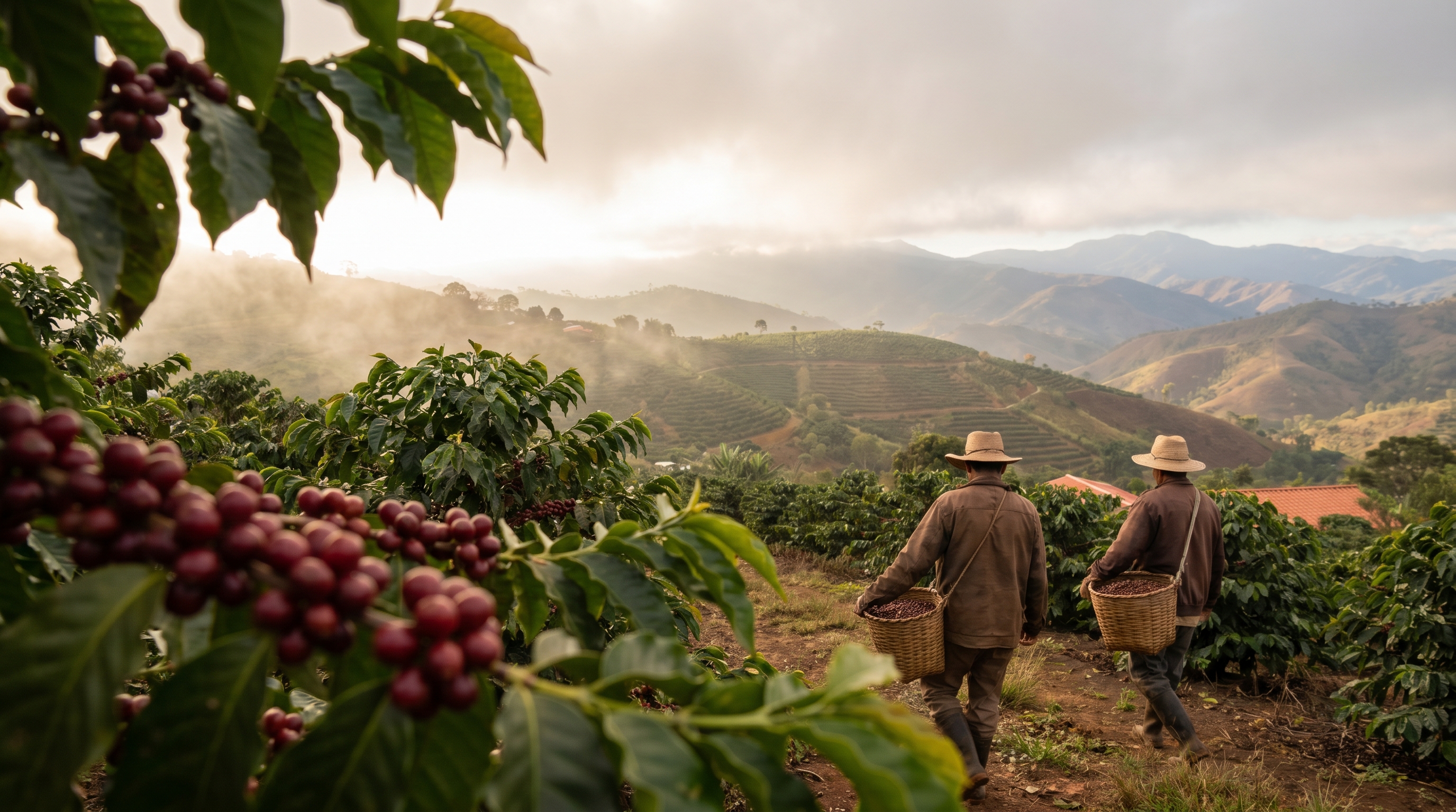 Coffee farm hillside at sunrise with terraced rows of coffee plants and farm workers carrying harvest baskets through misty mountains.