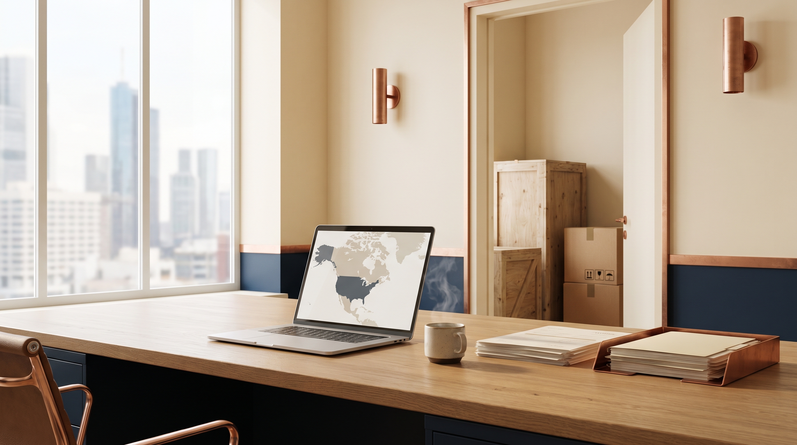 Modern import-and-export office with an oak desk, a laptop showing a faintly visible North America map, freight cartons through a doorway, and a copper desk lamp.